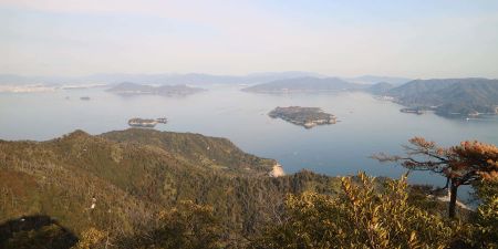 View from top of Mount Misen overlooking the water on Miyajima Island, Japan