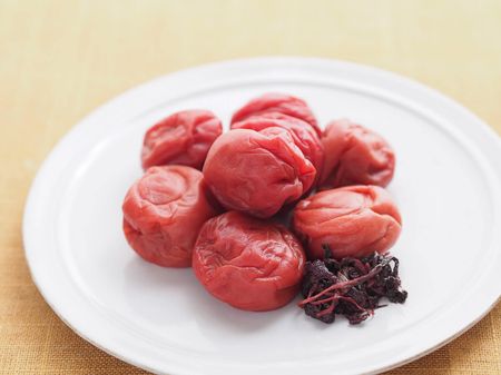 A plate of umeboshi, or pickled plums famous in Japan.