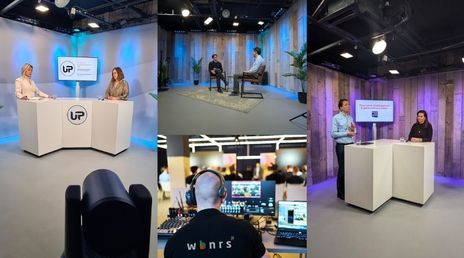 Collage of a professional studio setup with panel discussions, interviews, and a person managing audio-visual equipment.