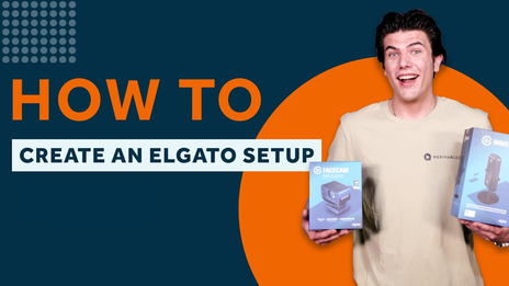 Smiling person holding Elgato Facecam and Wave boxes. Text reads "How to Create an Elgato Setup" on a blue and orange background.