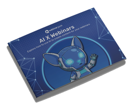 A digital booklet cover titled "AI X Webinars" with a futuristic cat-like robot waving on a blue background with geometric patterns.