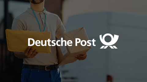 A delivery person holding packages in front of a van with the Deutsche Post logo prominently displayed.