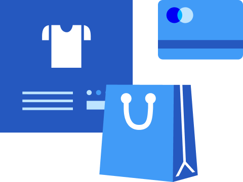 Illustration of a blue shopping bag, a blue product listing page, and a blue credit card.