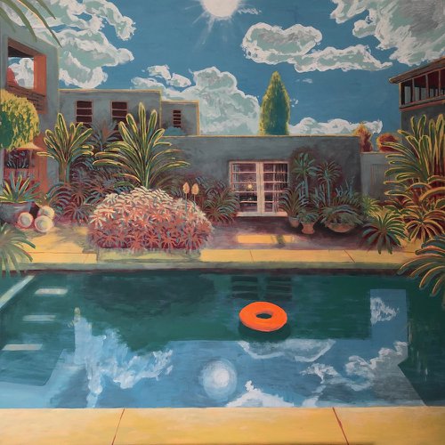 Poolside  by Alfie Caine shows a pool beneath a house with orange life ring 