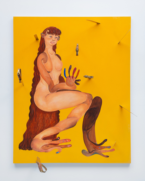 Painting of a figure in front of a yellow background