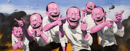 six men all grinning and laughing with helicopters and aeroplanes flying above