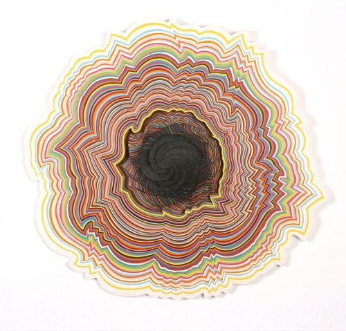 central black flower-like shape surrounded by multitude of coloured lines outlining its shape