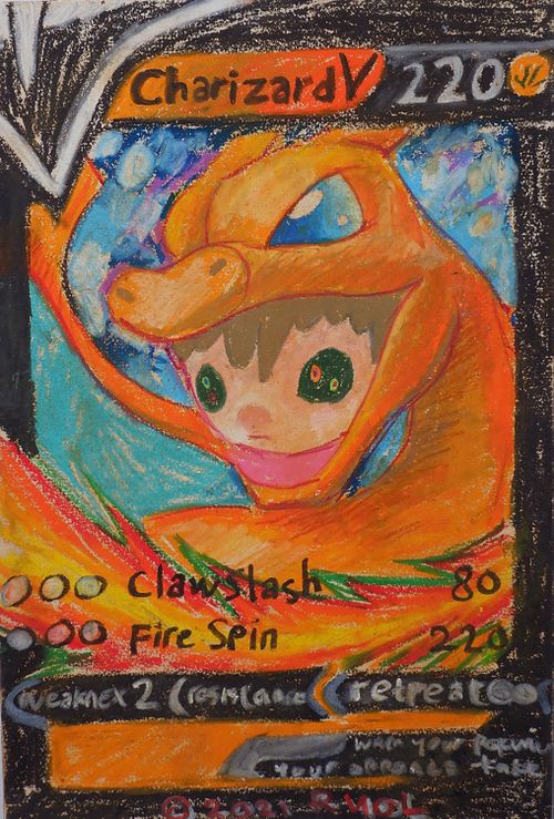 pokemon card of Charizard with a child's face revealed in its mouth