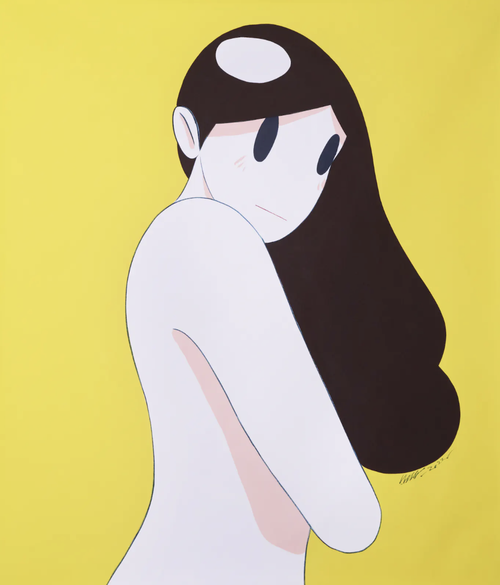 Nude woman covers herself with arm upon yellow background
