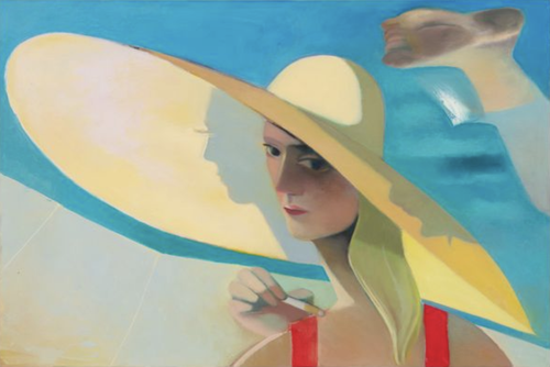 a woman turning her head to the side wearing a large sun hat and holding a cigarette