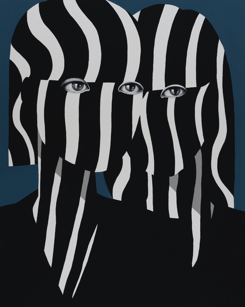 portraits of two women with striped faces set against a dark blue background