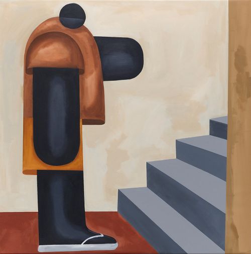 a black featureless figure raises an arm towards a staircase before them