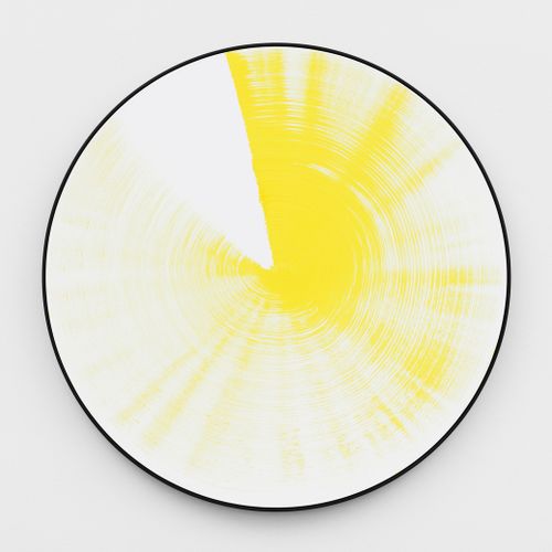 tondo painting with black outline and yellow paint brushed in a circle shape over it