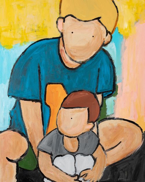 Painting of a man holding his child