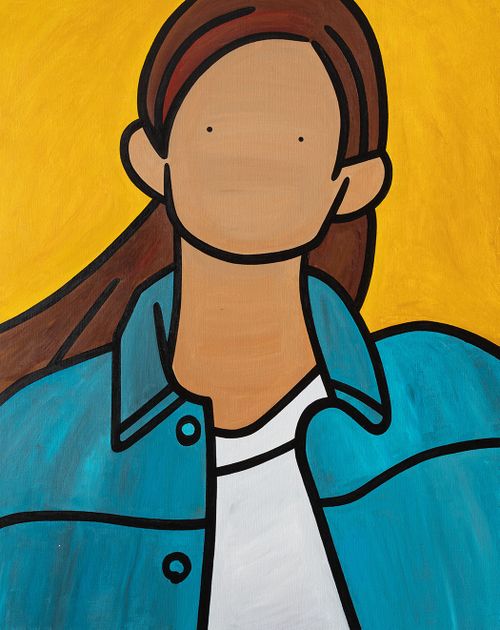 A figure with brown hair and wearing a white vest and a blue shirt, yellow background