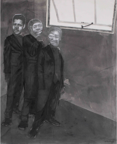 three men in entirely black suits with long jackets stand in an empty room next to an open window which is letting in light, from which they turn their heads away and look towards the viewer