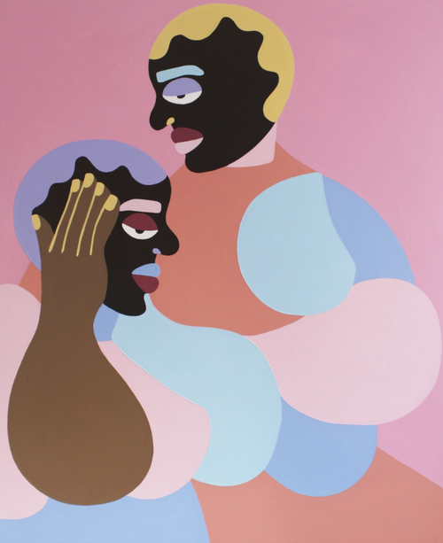 Two figures with pale shades of pink and blue, in front of a pink background