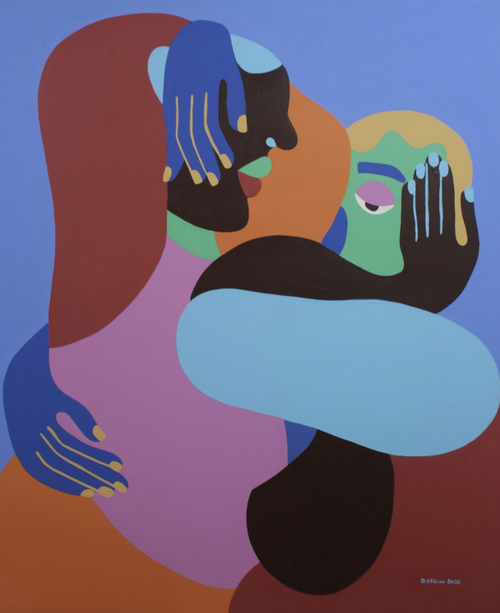 Two figures embracing, darker tones of red, blues and orange