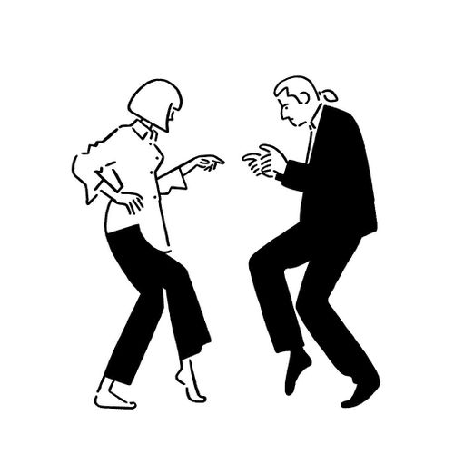 a monochrome minimal silhouette of characters from Pulp Fiction dancing