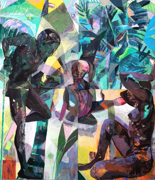 three nude figures in a colourful abstract environment
