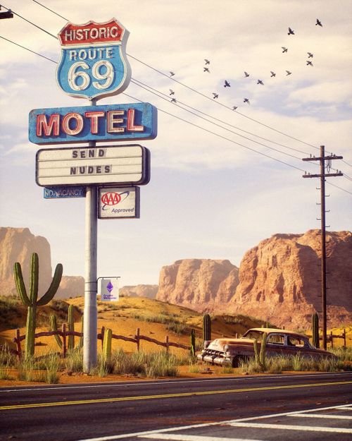 Sign indicating a motel stop on America's Route 69