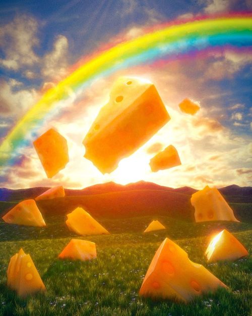 triangles of cheese floating in a green meadow with the sun shining and a rainbow