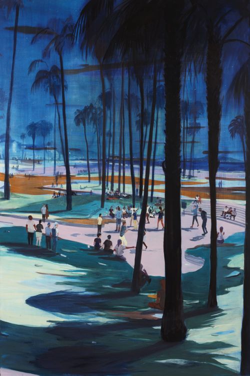 beach landscape with palm trees and a skate park