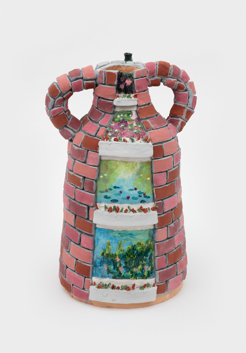 Ceramic vase, brick wall detailing 