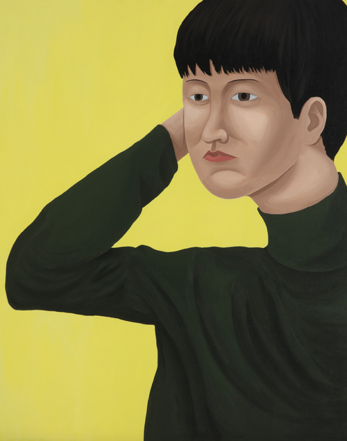 man in black turtleneck jumper with yellow background