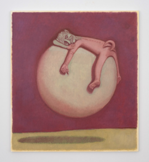 A blue figure lying on a white ball, pink background