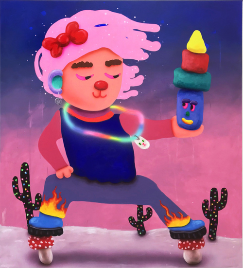 fantasy world with a pink sky and three cacti in the background and a figure with his feet placed on two red mushrooms as he leans to the side and looks towards a stack of geometric shapes in his left hand 