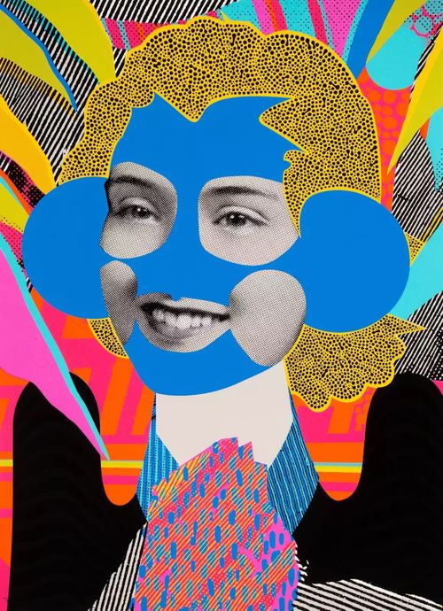 collage portrait of a woman with a face made up of blue colour blocks and photographic monochrome clippings which detail her mouth and eyes, whilst her short hair is composed of yellow and black dots