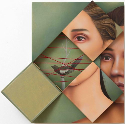 glimpses of two women's faces separated into cubes, with one cube containing a bird behind red string