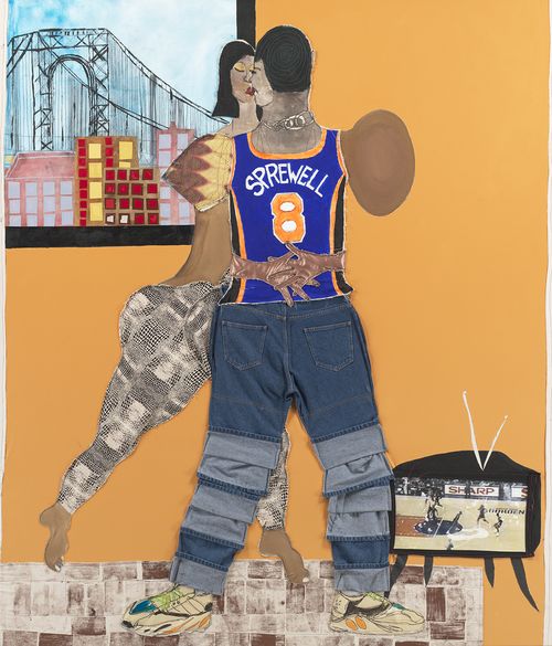 a figure wearing a basketball jersey embracing a woman while watching a tv