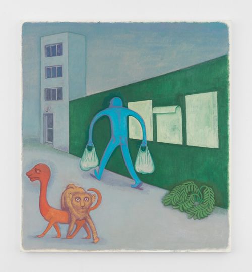 a blue naked figure walking with two shopping bags alongside a green building