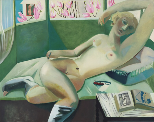 A nude woman wearing white socks reclining on a green sofa with a book