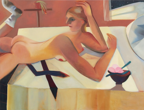 a nude woman wearing white socks and lying flat on a white table cloth