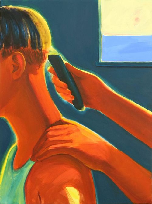 Painting of a person getting a haircut