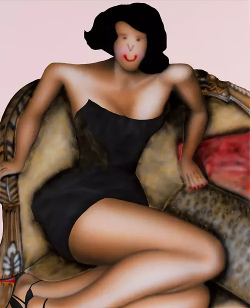 A portrait of a tanned woman sitting on a lounge chair, with her feet tucked under her to the left. She's wearing a short, black, strapless, cocktail dress. Her body is painted with detail, while her black hair and face are simpler, with black dots for eyes and a red line smile