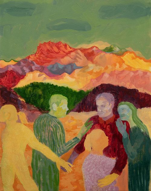 multicoloured mountains and forests with group of five people comforting each other in the foreground