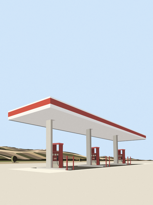 Animated petrol station on isolated land