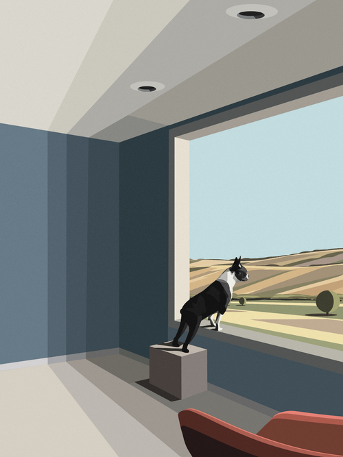 Animated room with a dog looking out the window
