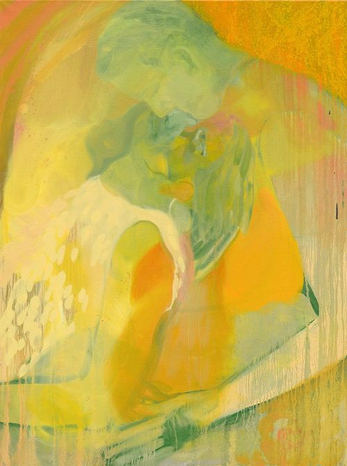 yellow and green painting of a couple kissing