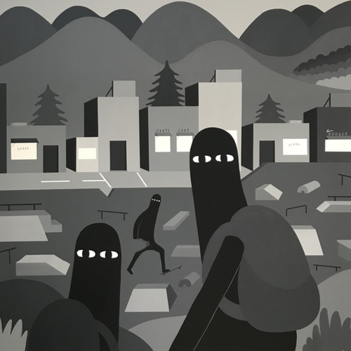 greyscale painting of three black cartoon characters in a skatepark with rolling hills behind a row of buildings in the background