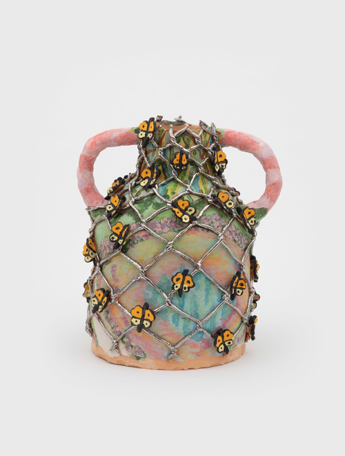 Ceramic vase, netting and butterfly detail