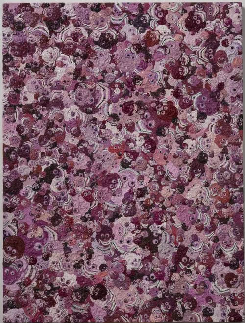 canvas filled entirely with layers of purple, pink, red and white tiny faces