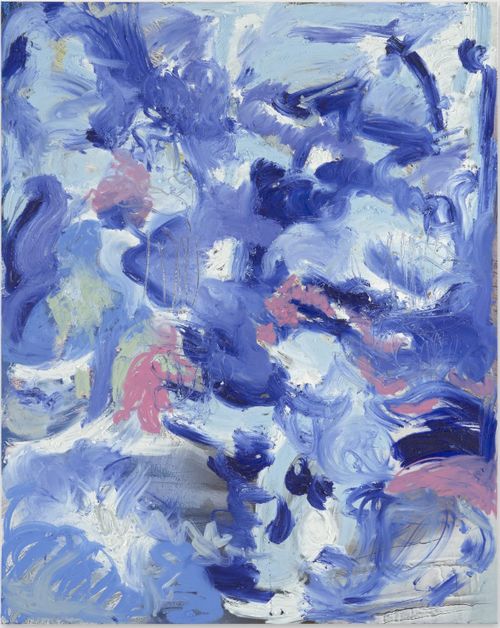abstract painting of various swirling colours including shades of blue, pink and white