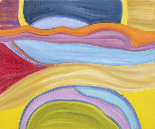 a colourful abstract landscape paintings with visible streaks of long curved brushstrokes