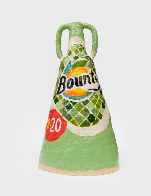 Green ceramic vase, reads 'Bounty'