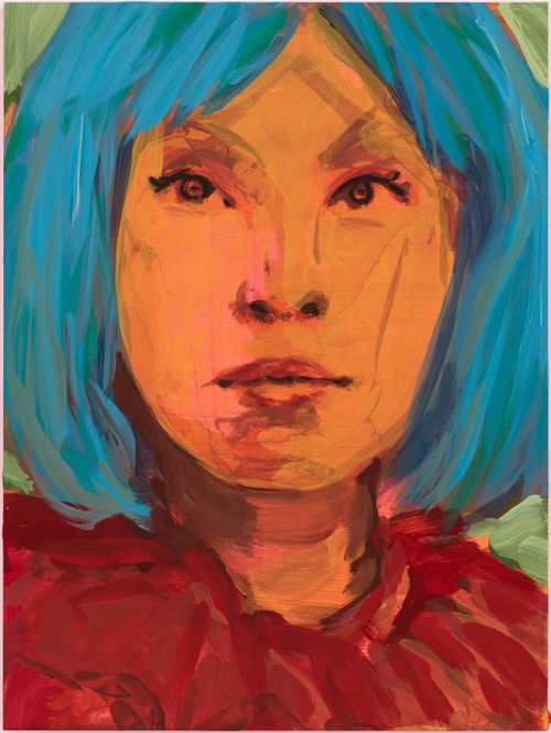 portrait of woman with blue wig and a red top on